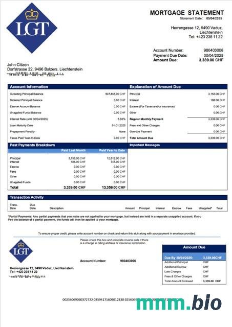Liechtenstein LGT Bank wyciąg z kredytu hipotecznego szablon Word i PDF